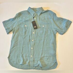 Frye Mens Size Medium Stone Blue Button Front Short Sleeve 100% Cotton Shirt NEW